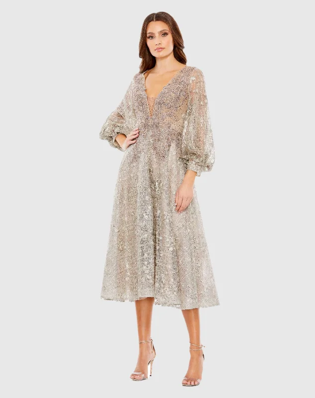 Luxury midi dress made from premium materialsBeige Embellished Plunge Neck Bishop Sleeve Dress
