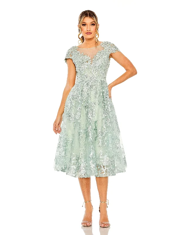 Midi dress for a beach vacation when paired with a swimsuit cover - upEmbroidered Cap Sleeveless A Line Dress