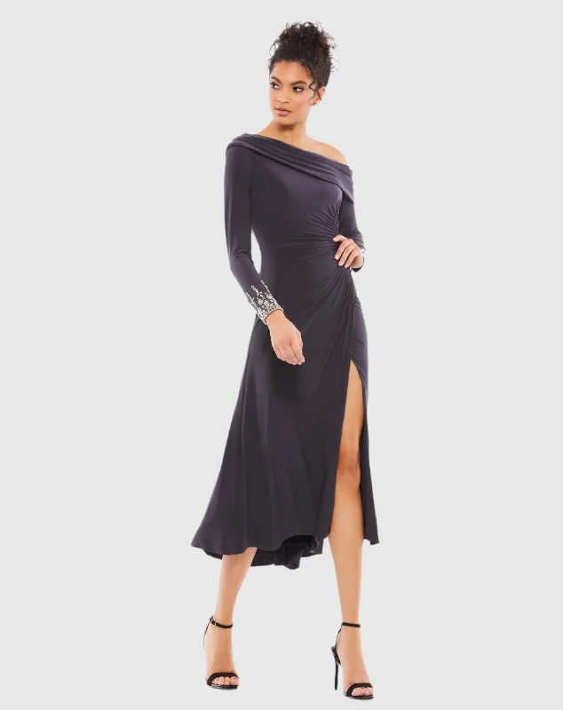Appliqué - decorated midi dress for a unique and detailed styleFoldover Long Sleeve Jeweled Midi Dress
