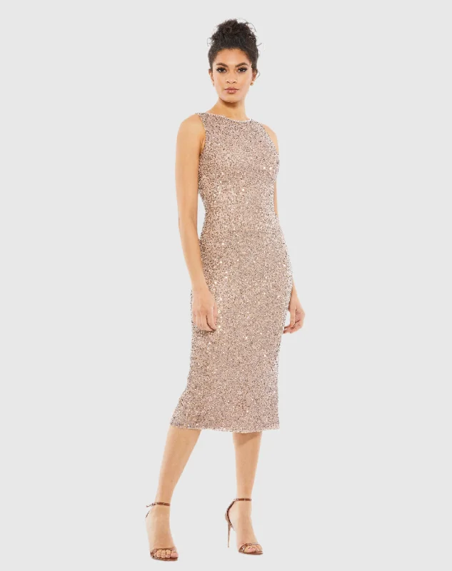 Midi dress for a business - casual setting when paired with a blazerSleeveless Sequined Midi Sheath Dress