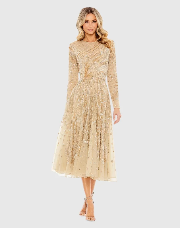 Sheer - sleeved midi dress for an alluring and glamorous effectEmbellished Illusion High Neck Long Sleeve Dress