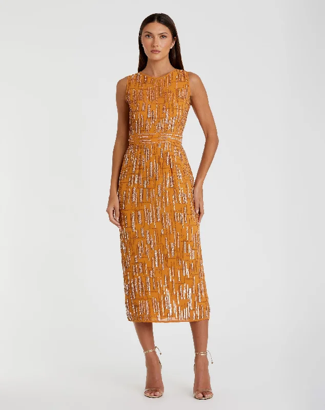 Mermaid - style midi dress for a figure - hugging and glamorous lookAbstract Beaded Sleeveless Midi Sheath Dress