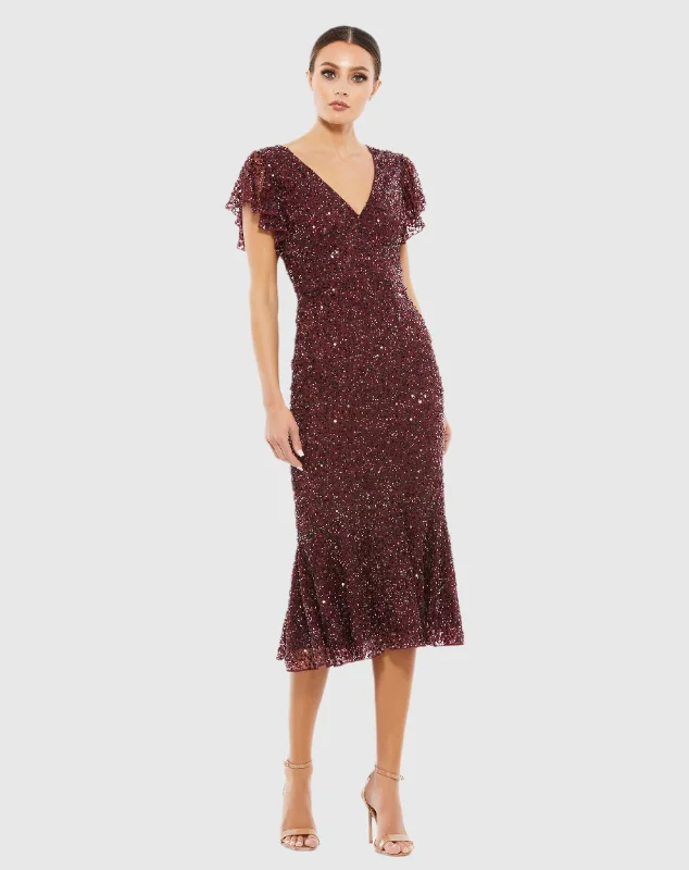 Midi dress for evening events when paired with the right accessoriesSequined V Neck Flutter Cap Sleeve Trumpet Dress