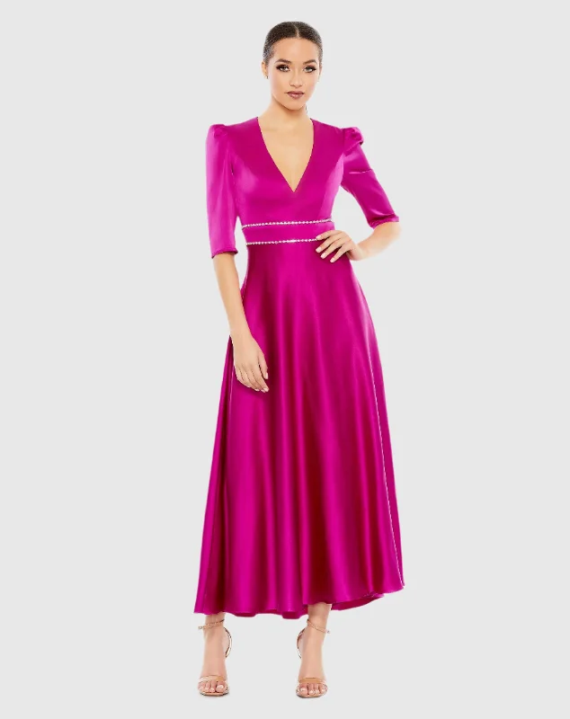 Retro - style 60s midi dress with a mod - inspired designSatin Rhinestone Encrusted Puff Shoulder Dress