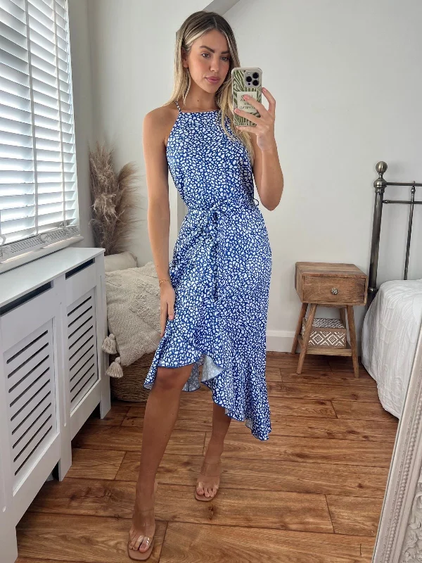 Square neck midi dress for a vintage - inspired charmAriana Halter Frill Dress / Blue Pebble