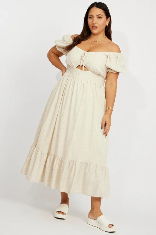 Ruffled - sleeve midi dress for a charming and playful lookBeige Midi Dress Short Sleeve Ruched Bust