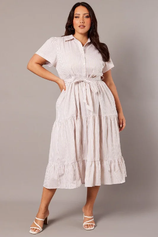 Midi dress for a music festival with a bohemian - inspired outfitBeige Stripe Midi Dress Short Sleeve Shirt Tiered