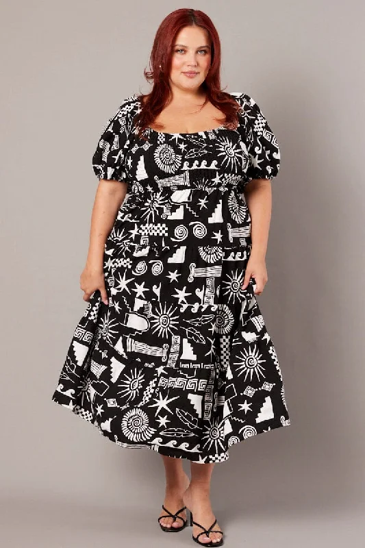 Designer - brand midi dress with a high - end labelBlack Abstract Midi Dress Short Sleeve Shirred Linen Blend