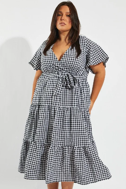 Bishop - sleeve midi dress for a vintage - inspired and elegant styleBlack Check Midi Dress Short Sleeve Wrap Front Self Tie