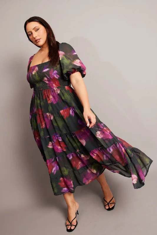 Midi dress for a yoga class with a flexible and breathable fabricBlack Floral Midi Dress Short Sleeve Tiered