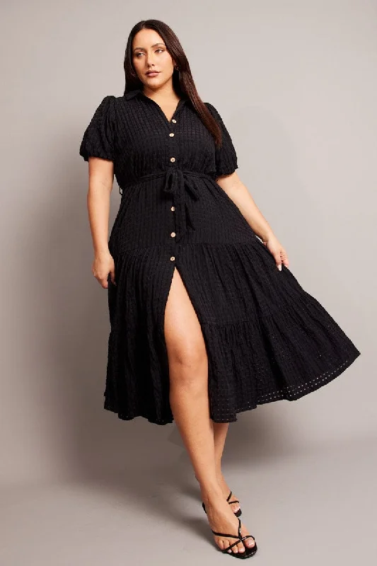 Ruched midi dress for a figure - hugging and flattering fitBlack Midi Dress Short Sleeve Shirt