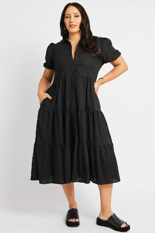 Appliqué - decorated midi dress for a unique and detailed styleBlack Midi Dress Short Sleeve Shirt