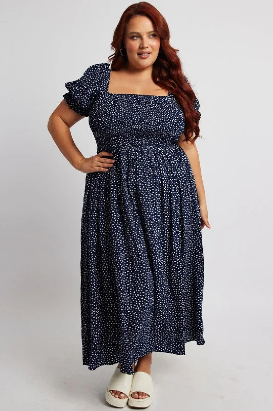 Cut - out midi dress for a daring and edgy lookBlue Ditsy Midi Dress Short Sleeve Shirred