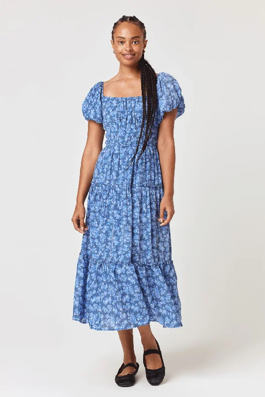 Midi dress for sports activities like horseback riding or yogaBlue Floral On/Off Shoulder Midi Dress
