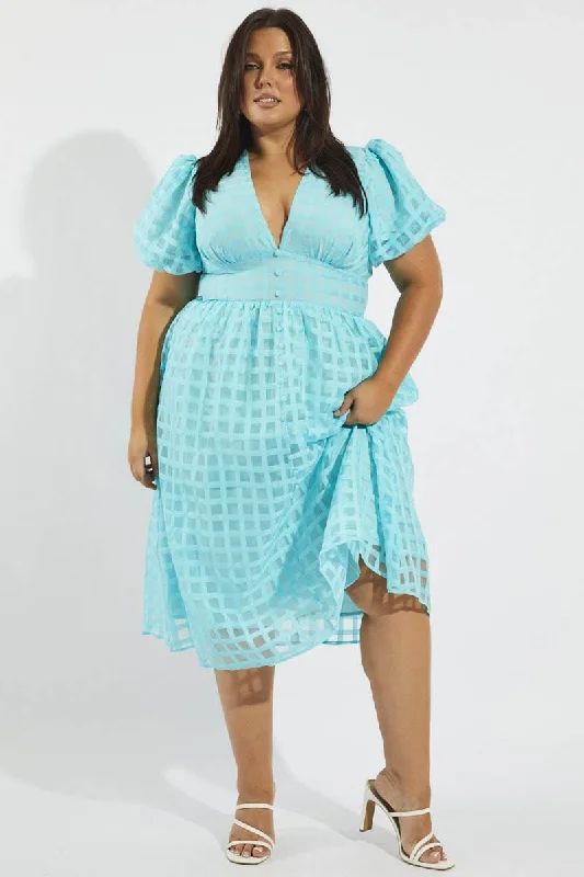 Sheer - sleeved midi dress for an alluring and glamorous effectBlue Grid Check Midi Dress