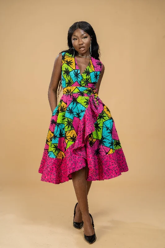 Midi dress for curvy figures with a flattering fitBoma Ankara Wrap Dress | Pink Multicoloured African Print