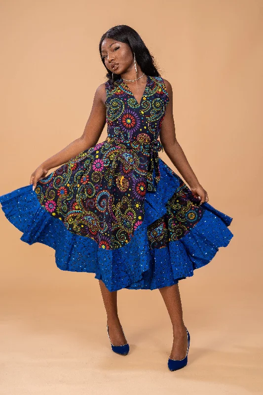 Ruched midi dress for a figure - hugging and flattering fitBrenda Ankara Wrap Dress | Blue African Print