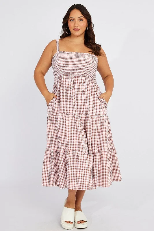 Sleeveless silk midi dress for a sophisticated summer styleBrown Check Shirred Bodice Frill Gingham Midi Dress