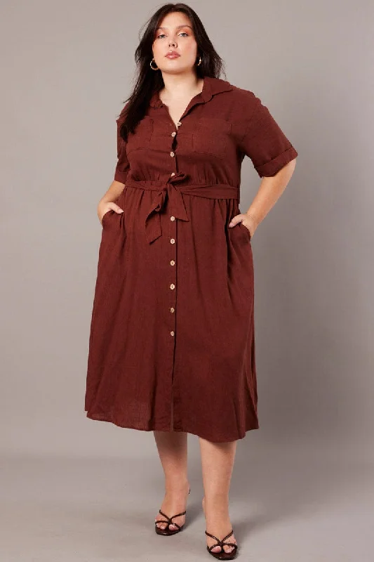 Elastic - waist midi dress for maximum comfort and flexibilityBrown Midi Dress Puff Sleeve Belted With Pockets