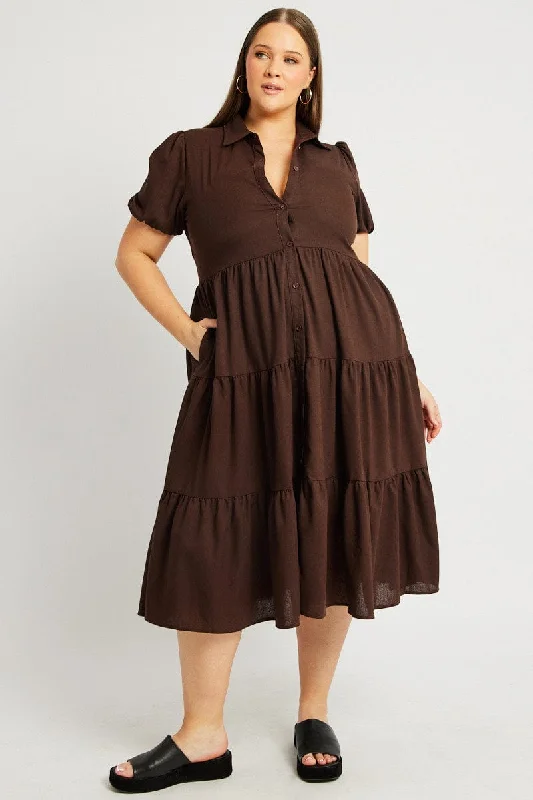 Midi dress for travel due to its versatility and durabilityBrown Midi Dress Short Sleeve Shirt