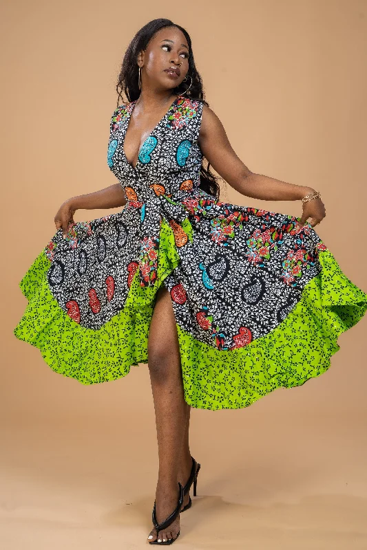 High - low hem midi dress for a modern and stylish lookBunmi Ankara Wrap Dress | Green African Print