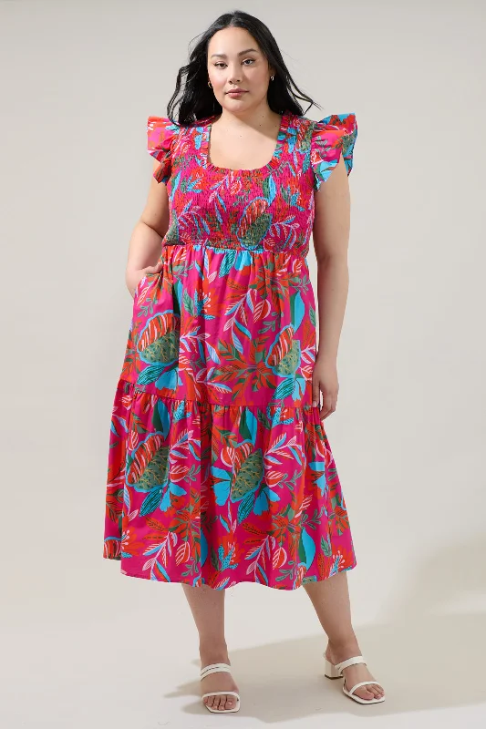 Midi dress for a church service in a more relaxed and modern churchCactus Blossom Giza Glare Smock Tiered Midi Dress Curve