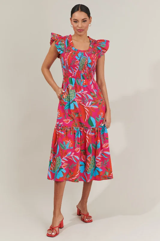 Off - the - shoulder midi dress for a flirty and romantic lookCactus Blossom Giza Glare Smock Tiered Midi Dress