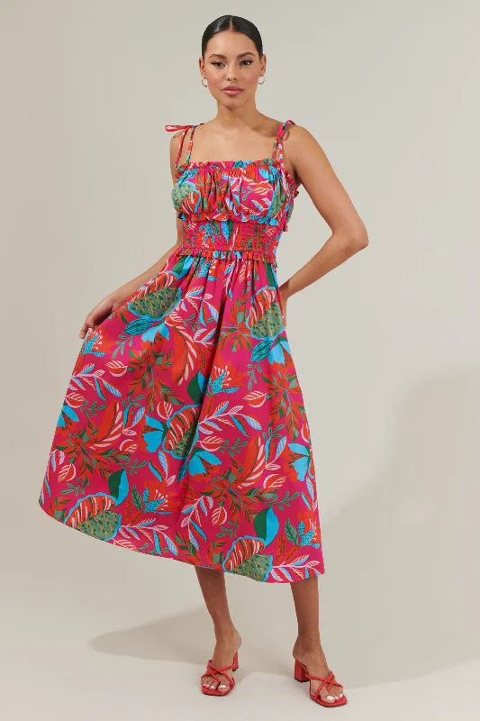 Sequin - embellished midi dress for a sparkly and eye - catching styleCactus Blossom Smocked Waist Tie Strap Poplin Midi Dress