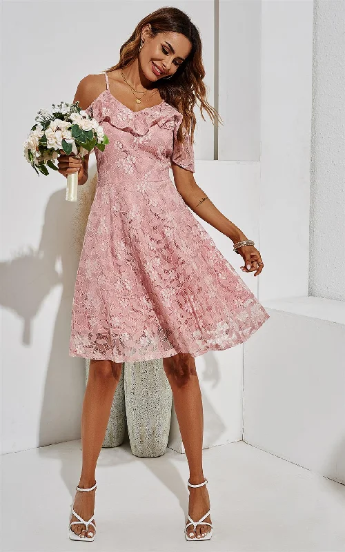 Midi dress for a barbecue with friends and familyCold Shoulder Midi Lace Dress In Pink