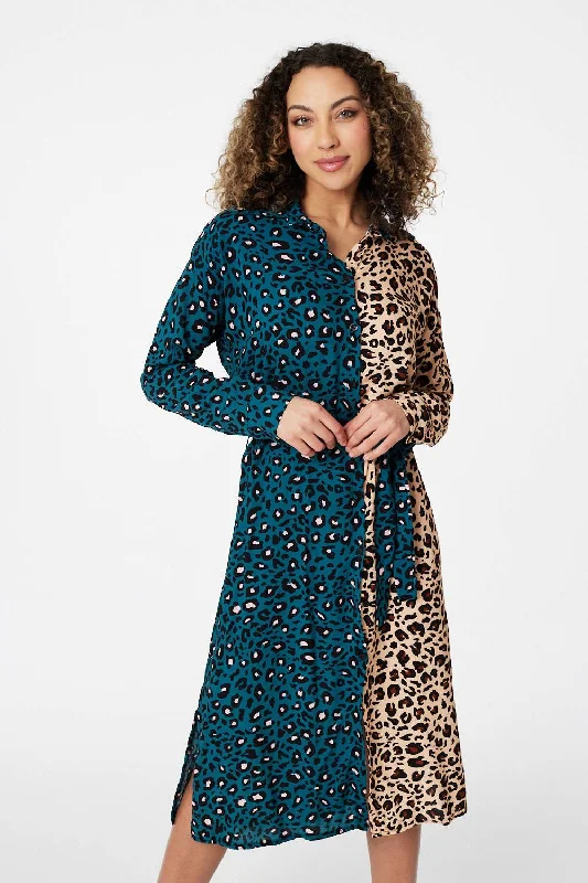 Midi dress for a yoga class with a flexible and breathable fabricAnimal Print Colour Block Shirt Dress