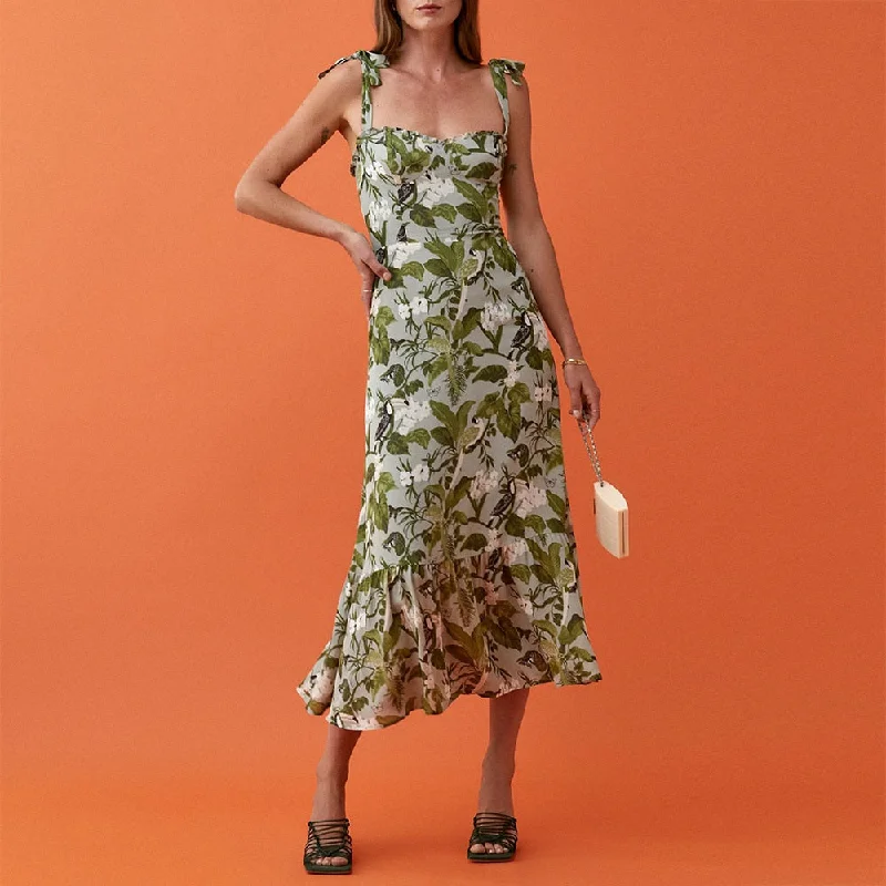 70s - inspired bohemian midi dress with a free - spirited lookFashionSierra - Elegant Ruffle Hem Beach Summer Dress Sweetheart Neck Tie Strap Midi Dress
