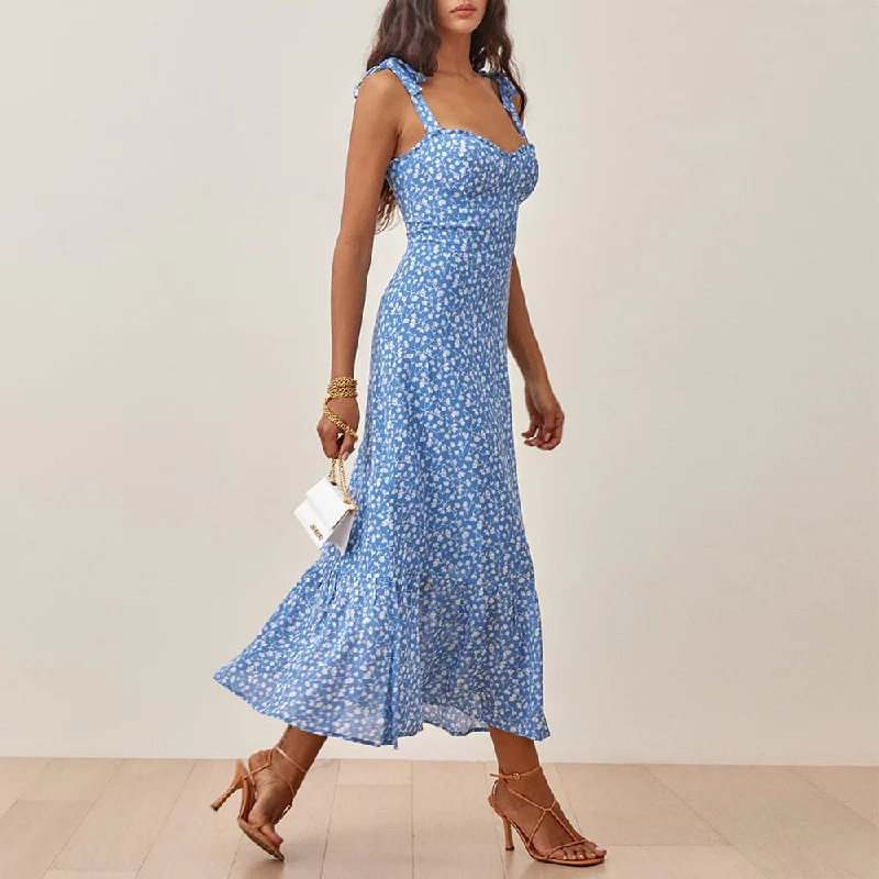 Asymmetric hem midi dress for a unique and fashionable styleFashionSierra - Elegant Ruffle Hem Floral Chiffon Midi Dress Neck Strap Tie Sexy Slip Dress