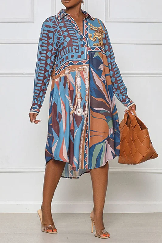 90s - inspired grunge midi dress with a casual and edgy lookGeometric Print Retro Single Breasted Midi Dress