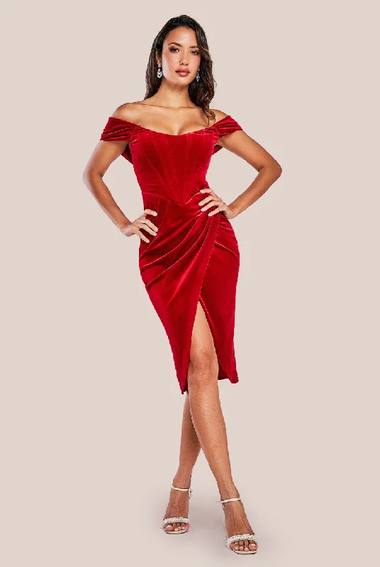 Mermaid - style midi dress for a figure - hugging and glamorous lookGoddiva Draped Shoulder Velvet Corset Midi - Red