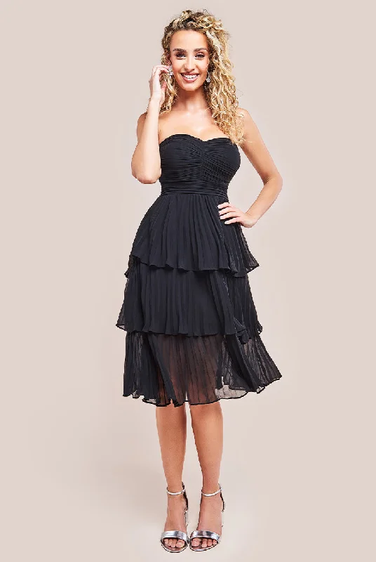 Contemporary - designed midi dress with modern detailsGoddiva Pleated Bandeau Bodice Chiffon Tiered Midi - Black