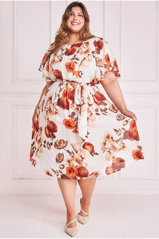 A - line satin midi dress for a formal and elegant occasionGoddiva Plus Wrap Back Flutter Sleeve Midi Dress - Beige