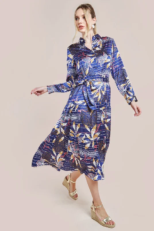 Midi dress for a yoga class with a flexible and breathable fabricGoddiva Printed Tiered Shirt Midi Dress - Navy