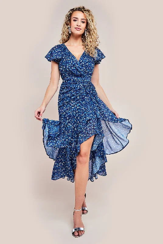 Off - the - shoulder midi dress for a flirty and romantic lookGoddiva Printed Wrap High And Low Midaxi Dress - Navy