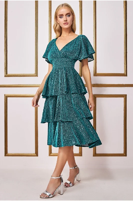 Stretch - fabric midi dress for a flexible and body - hugging fitGoddiva Sequin Lurex Tiered Midi Dress - Teal Blue