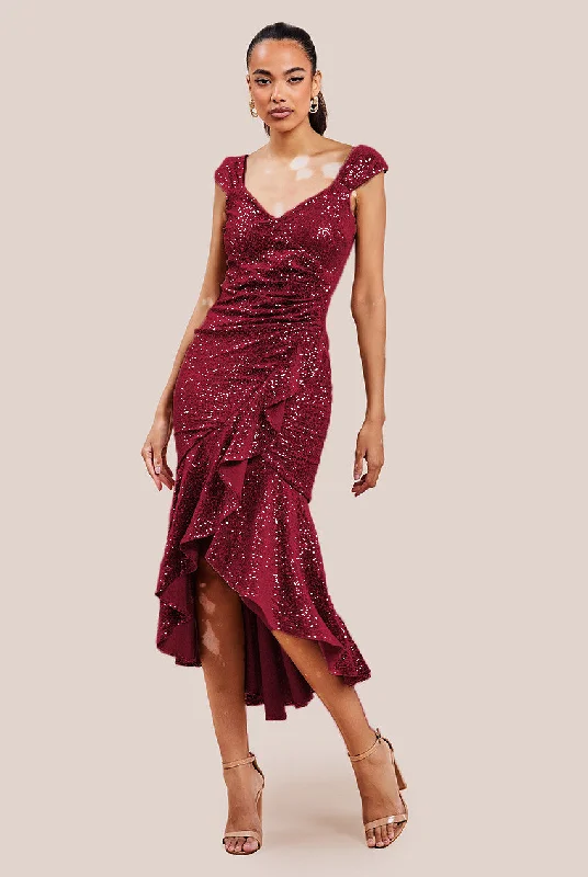 Midi dress for a gym session if it has sufficient stretchGoddiva Sequin & Velvet Bardot High Low Midaxi Dress - Wine