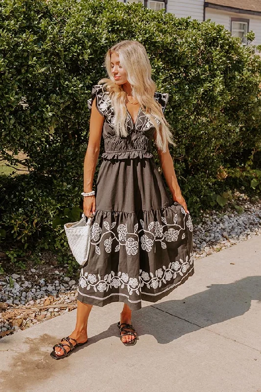 Cold - shoulder midi dress for a trendy and modern styleGrace and Glamour Embroidered Linen-Blend Midi