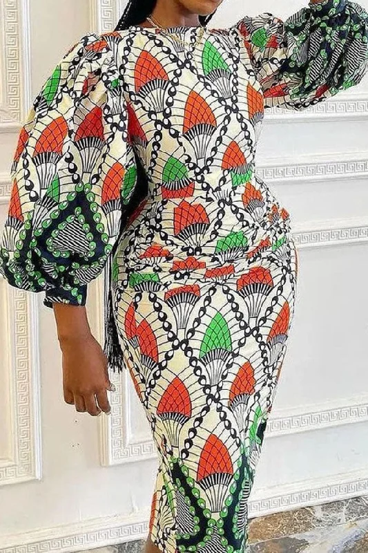 Button - front midi dress in a traditional and classic styleGraphic Print Rocking Puff Sleeve Midi Dress