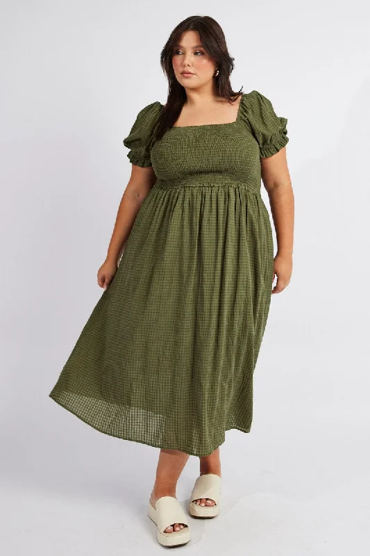 Sequin - embellished midi dress for a sparkly and eye - catching styleGreen Midi Dress Short Sleeve Shirred