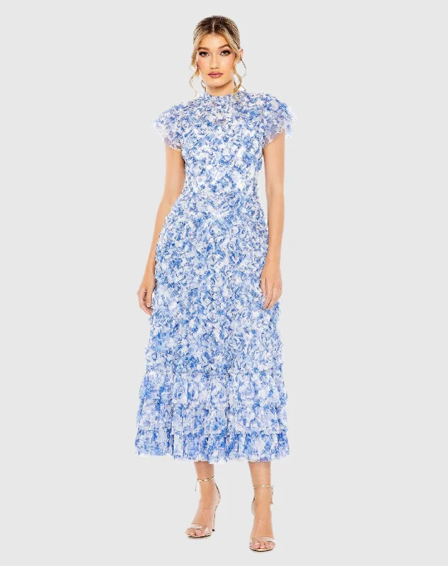 Tassel - adorned midi dress for a bohemian and stylish touchHigh Neck Ruffle Cap Sleeve Floral Dress