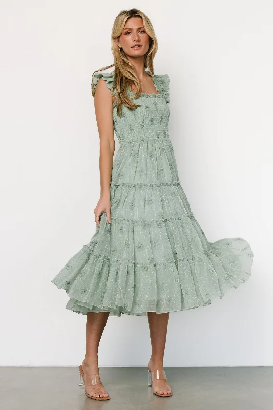 Midi dress for a date when styled with a cute top and heelsHolland Embroidered Dress | Light Sage