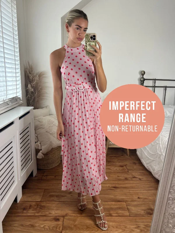 Midi dress for a beach vacation when paired with a swimsuit cover - upIMPERFECT Luisa Belted Pleated Maxi Dress / Pink And Red Spot Print