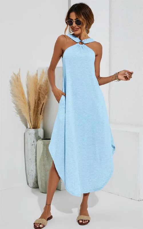 80s - inspired power - dressing midi dress with a bold styleLeg Slip Neckholder Curved Saum Midikleid in Blau
