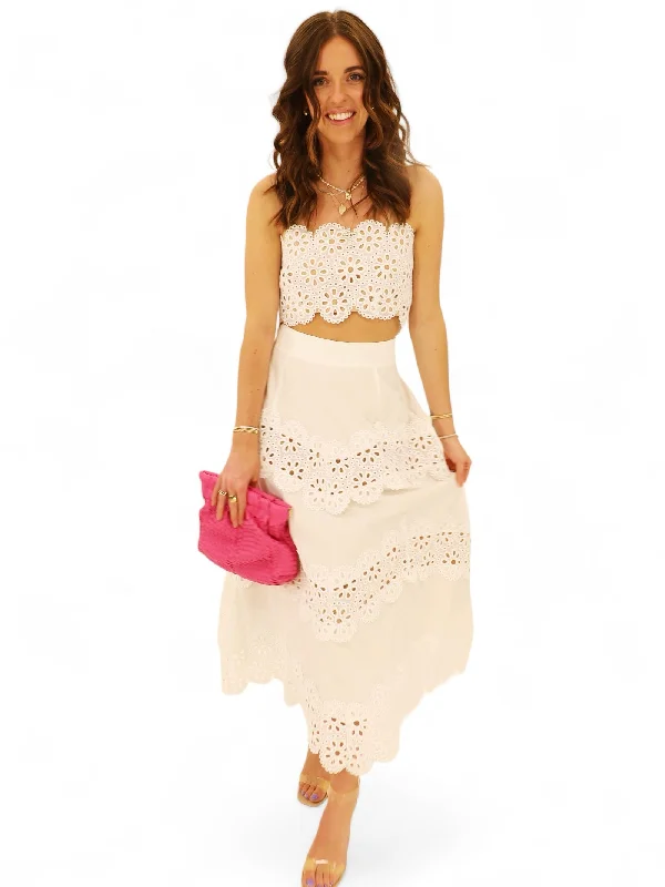 Sleeveless silk midi dress for a sophisticated summer styleRhodes Eyelet Midi Skirt