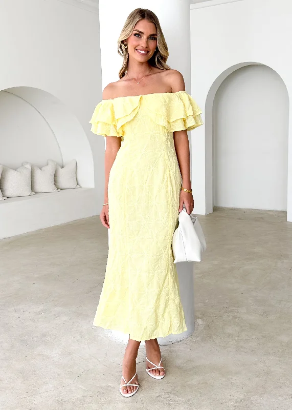 Tassel - adorned midi dress for a bohemian and stylish touchMona Off Shoulder Midi Dress - Lemon