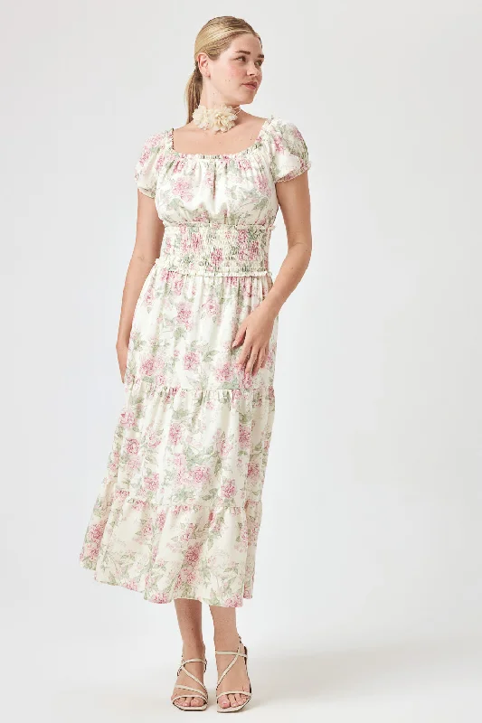 Printed - animal - pattern midi dress for a wild and trendy lookOff White Pink Floral Off Shoulder Midi Dress